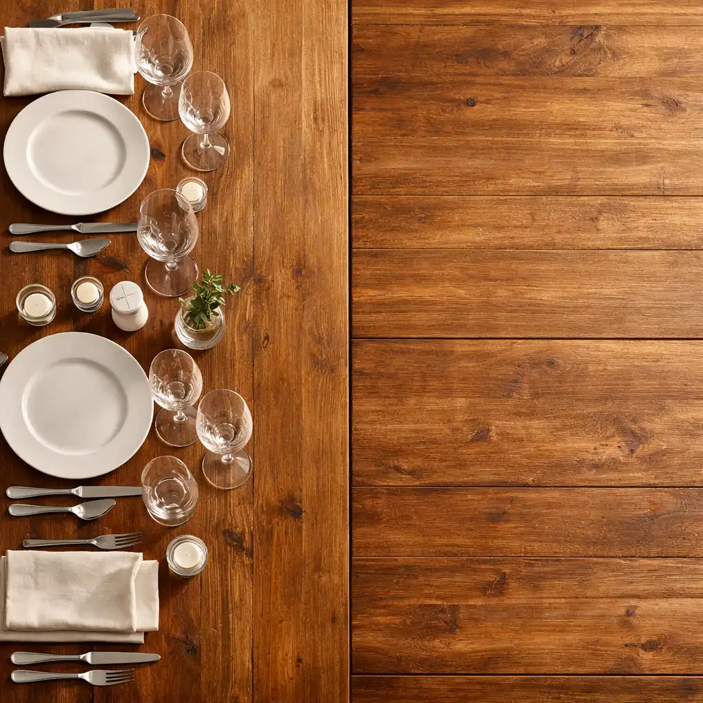 Widok z góry na duży drewniany stół restauracyjny, w połowie elegancko nakryty, w połowie pusty
