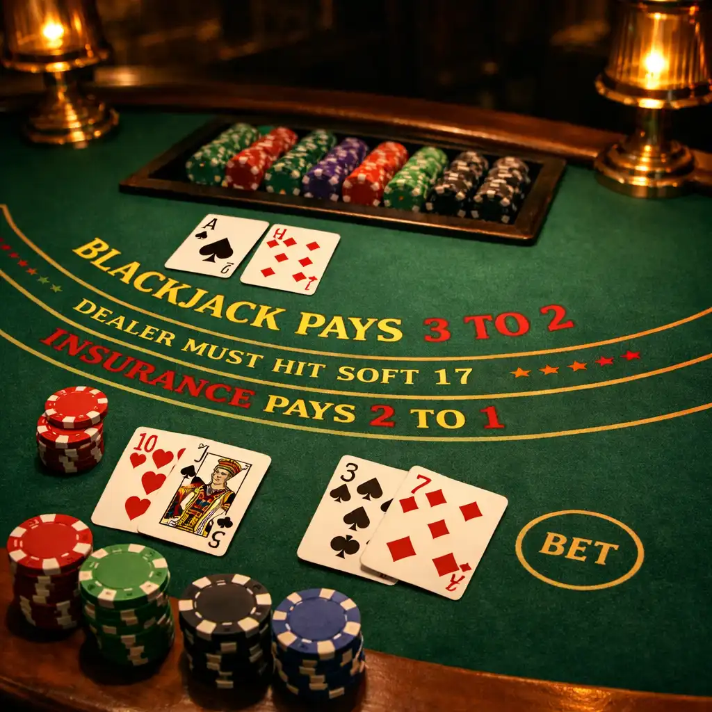 Stół do blackjacka z kartami i żetonami w fizycznym kasynie