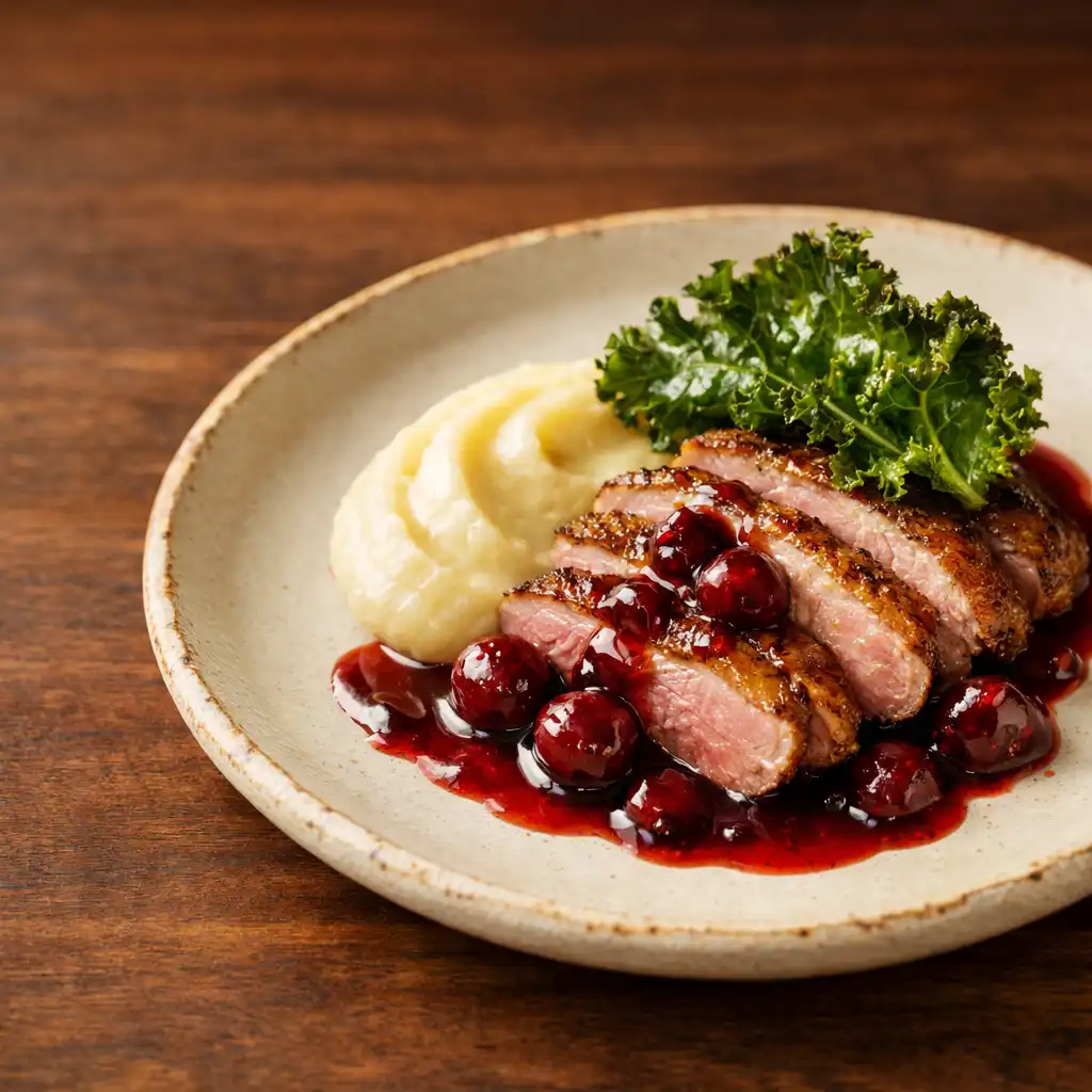 Eleganckie danie restauracyjne z piersią kaczki, sosem wiśniowym i puree z selera