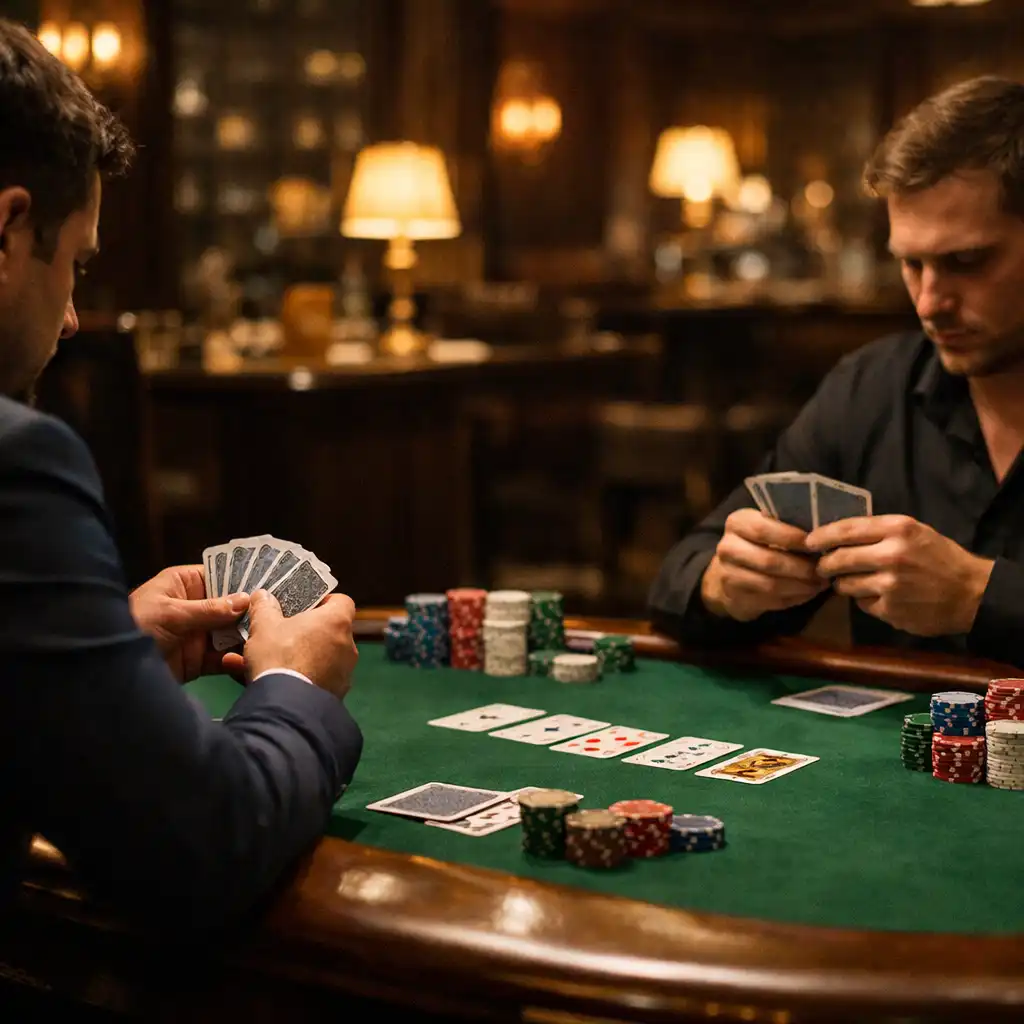 Dwóch graczy przy stole pokerowym w kameralnej, wieczorowej restauracji