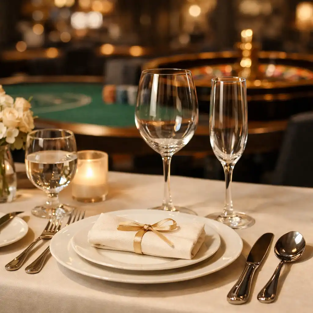 Elegancko nakryty stół w restauracji Kuchnia Pełna Smaku, w tle subtelnie zaznaczona przestrzeń kasyna stacjonarnego