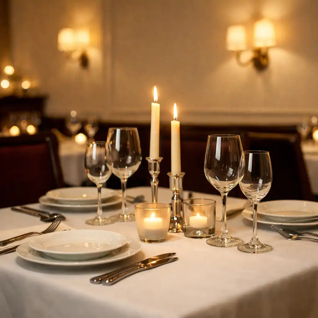 Elegancko nakryty stół w restauracji z ciepłym światłem i subtelnymi dekoracjami