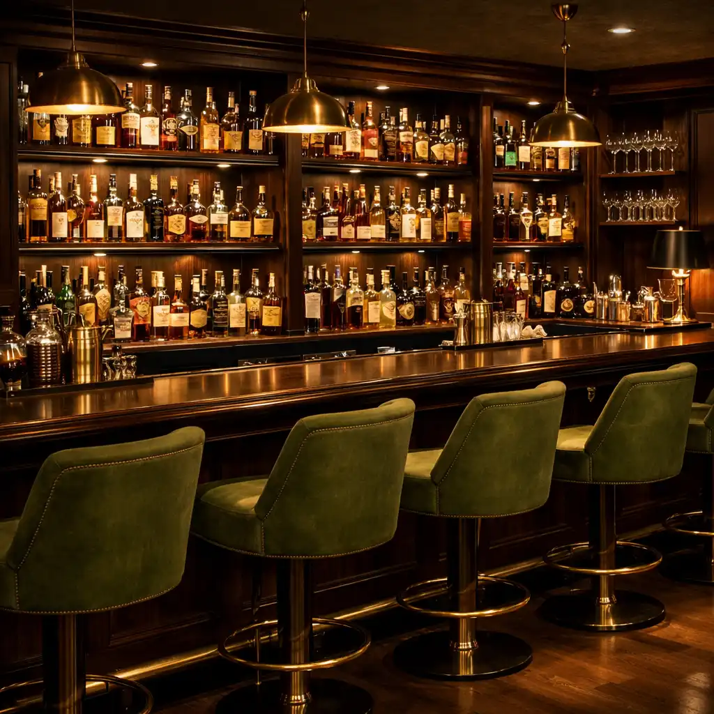 Elegancki bar z ciemnego drewna, podświetlanymi półkami z butelkami i mosiężnymi detalami