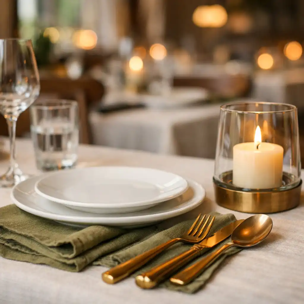 Zbliżenie na stół w restauracji z białą porcelaną, mosiężnymi sztućcami i świecą w szklanym lampionie