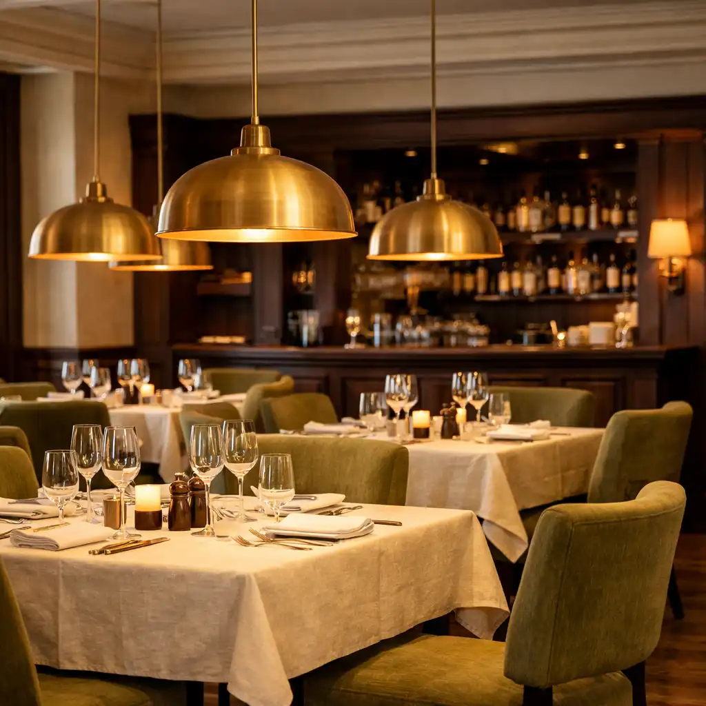 Eleganckie wnętrze restauracji Kuchnia Pełna Smaku z nakrytymi stołami, oliwkowymi krzesłami i mosiężnymi lampami