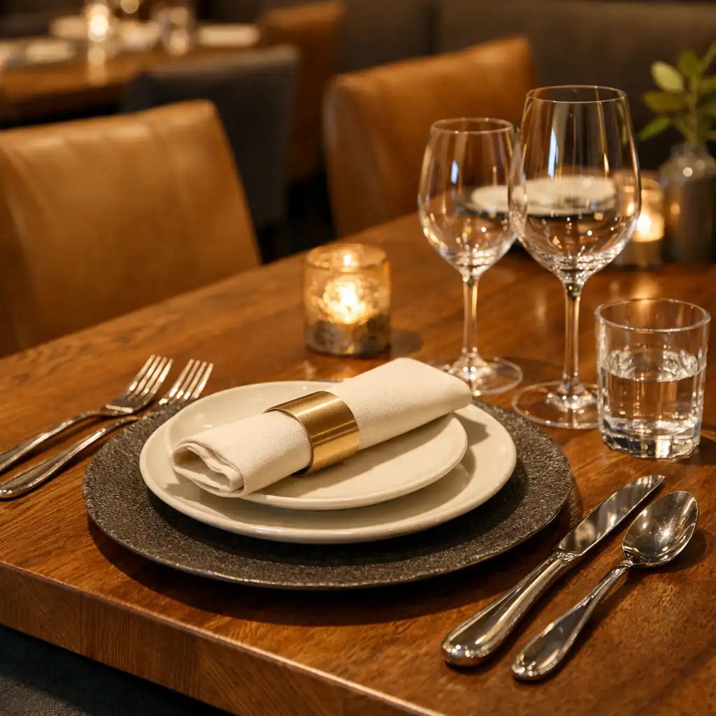 Wnętrze restauracji Kuchnia Pełna Smaku: elegancko nakryty stół z litego drewna, dyskretne oświetlenie punktowe